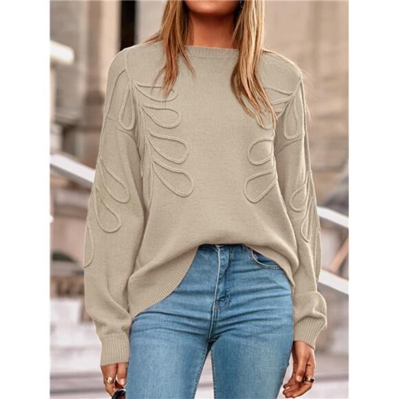 Oversized Ribbed Knit Sweater | Lantern Sleeve Crewneck Pullover Cozy Fall Top - Picture 5 of 6